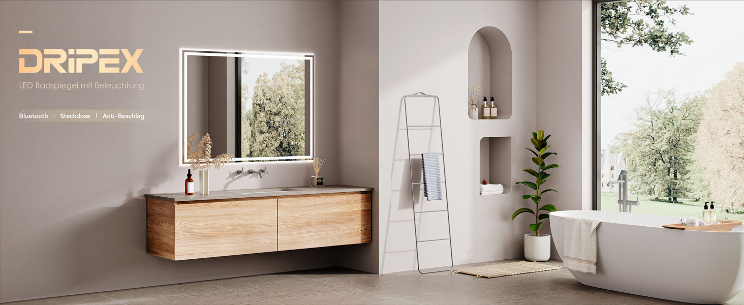 Дзеркало для ванної кімнати з LED-підсвічуванням Dripex, 50x70 см, сенсорне управління, протитуманне покриття, Bluetooth, розетка, 3 кольори світла