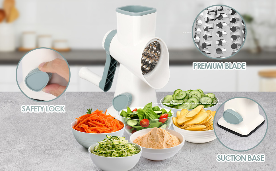 Ручна тертка для сиру та овочів Dreamhigh з ручкою, 3 змінні леза з нержавіючої сталі, для сиру, овочів, горіхів, моркви, огірків, білий колір