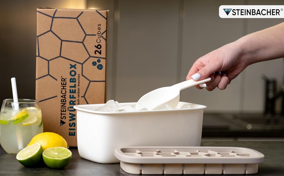 STEINBACHER® Premium Ice Cube Box | Large Ice Cube Container + Silicone Ice Cube Tray in Tested Food Grade Quality (Set) BPA-Free & Dishwasher Safe - Perfect for Drinks & Baby Food (Arctic Blue)