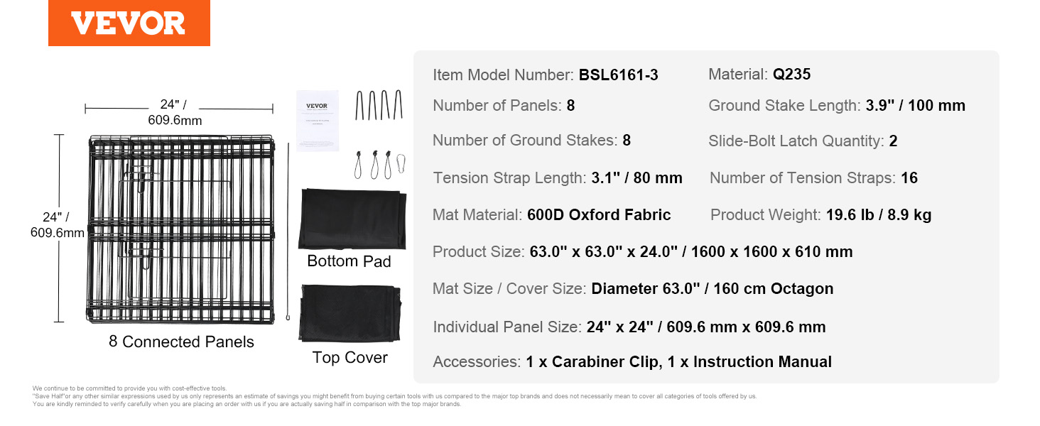 Лягувачка для собак VEVOR, 8 панелей, 61 см, з підлогою та водонепроникним покриттям Oxford 600D, металева, складна, для цуценят та собак