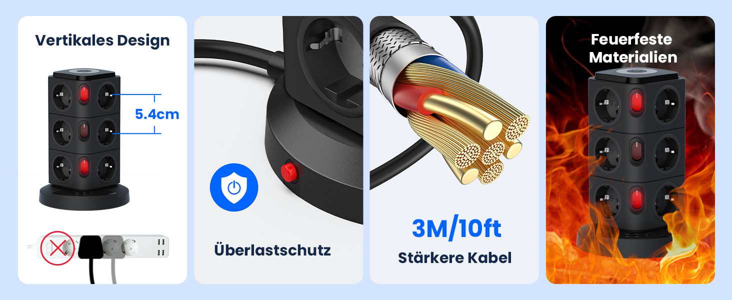 Багаторозеткова станція Acodot Tower з USB, 12 розеток, захист від перенапруги, 4 вимикачі, нічник, 3 USB-порти, кабель 3м, 2500W, для офісу, білий/чорний