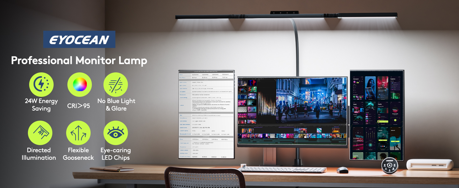 Настільна лампа для робочого столу з 3 джерелами світла, 24W, 100см, денне світло, з пультом дистанційного керування, регульована яскравість, лампа для монітора, модель «Лебідь», матовий чорний колір