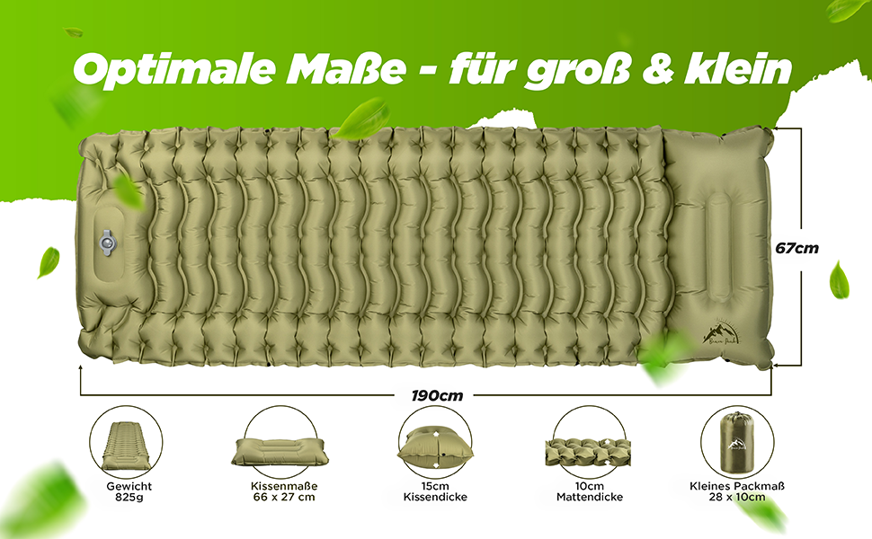 Brave Peak Self-Inflating Sleeping Pad with Pillow - 10cm Thick, Warm, Lightweight & Compact for Outdoor, Trekking & Hiking