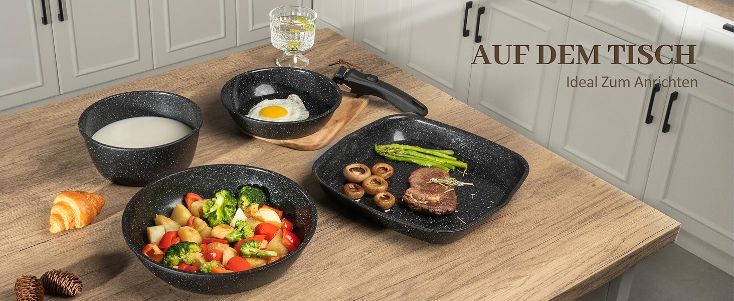 Набір посуду керамічний 23 предмети з антипригарним покриттям та знімними ручками, чорний. Підходить для всіх типів плит, включаючи індукційні. Сковороди 20/26 см, каструля 18 см, сотейник 24 см, жароміцний.