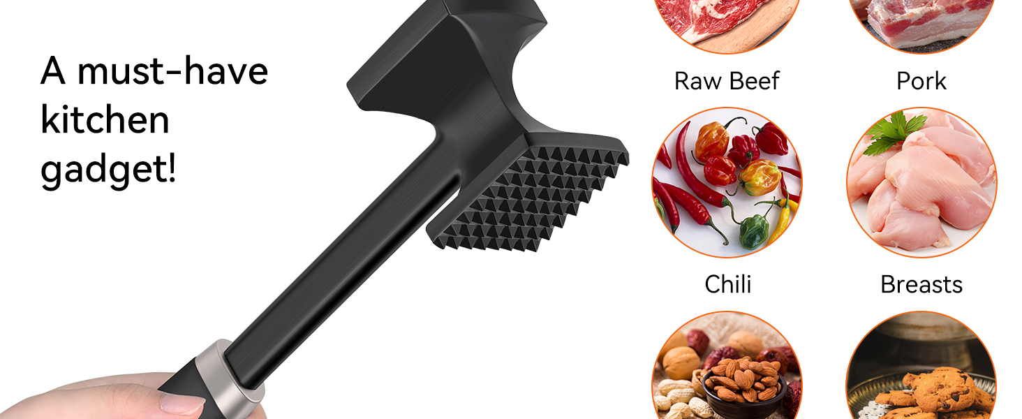 HOOMIL Fleischklopfer: подвійний молоток для відбивання м'яса з антипригарним покриттям, для шніцелів, стейків, сріблястий (квадратний, матовий чорний)