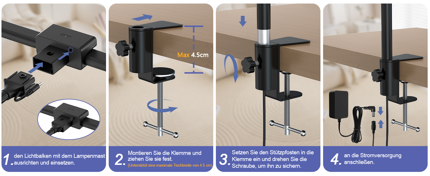 LED настільна лампа EppieBasic 24W з диммуванням, 80 см, кріпленням, захистом очей, регульованим шийним механізмом, таймером, чорного кольору