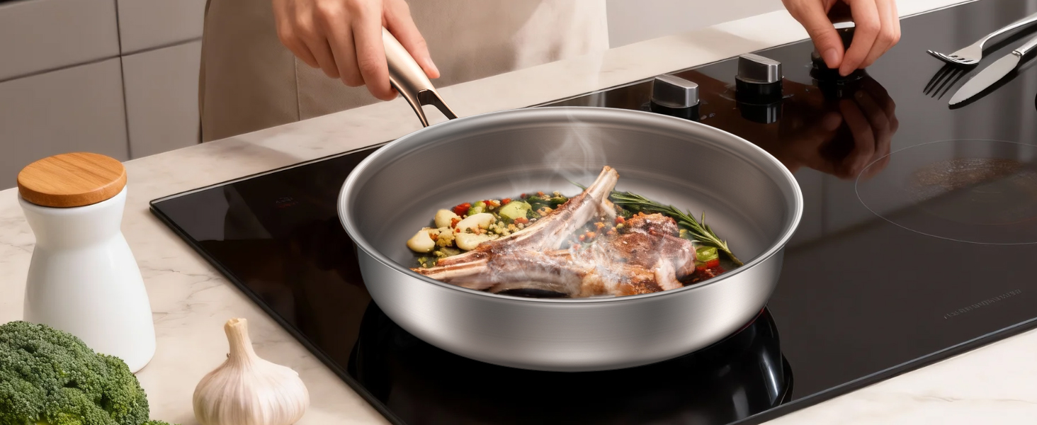 Сковорода Edelstal 28 см з титановим покриттям, індукційна, нержавіюча сталь 18/10, з рожево-золотистою ручкою (без PTFE, PFAS, PFOA) для всіх типів плит