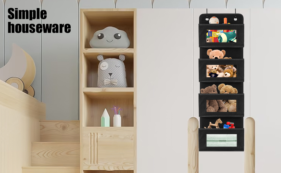 Настінна вішалка-органайзер на двері з 4 великими кишенями та прозорим вікном, 2 металеві гачки, чорний колір, для спальні, офісу, дитячої кімнати