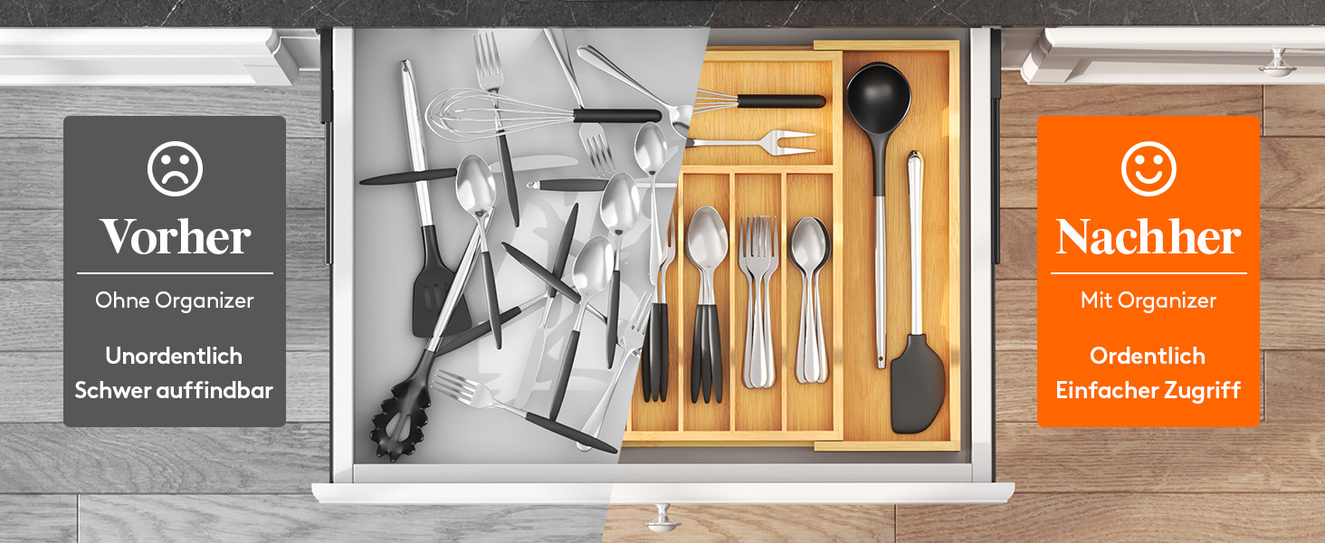 Органайзер для столових приборів Lifewit для шухляд 43 см, дерев'яний, розширюваний (31-53 см), бежевий