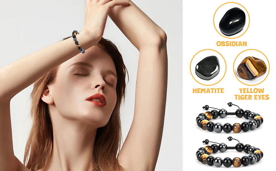 Браслет з тигровим оком, чорним турмаліном, обсидіаном та гематитом - захист, подарунок для друзів, чоловіка, батька