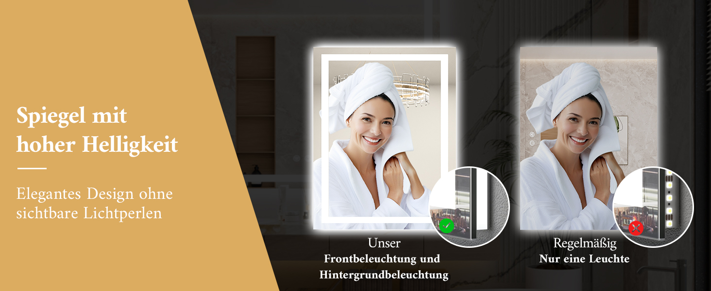 Дзеркало для ванної кімнати TETOTE з підсвічуванням 50x70 см, без рами, LED, сенсорне керування, 3 кольори, регулювання яскравості, пам'ять, 70 см x 50 см