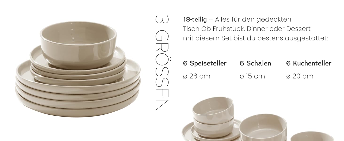 Набір посуду Feinsteinzeug на 6 осіб (18 предметів) — міцний та стійкий до подряпин, бежевий глянцевий | Тарілки, тарілки для десерту та миски | Magnetiks Soft Pebble | 18 предметів