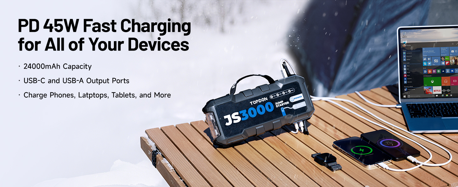 TOPDON JS3000 Powerbank для запуску двигуна: автостартер, бустер для акумулятора до 9л бензину/7л дизеля, 24000mAh, 3000A, LED, EVA-сумка