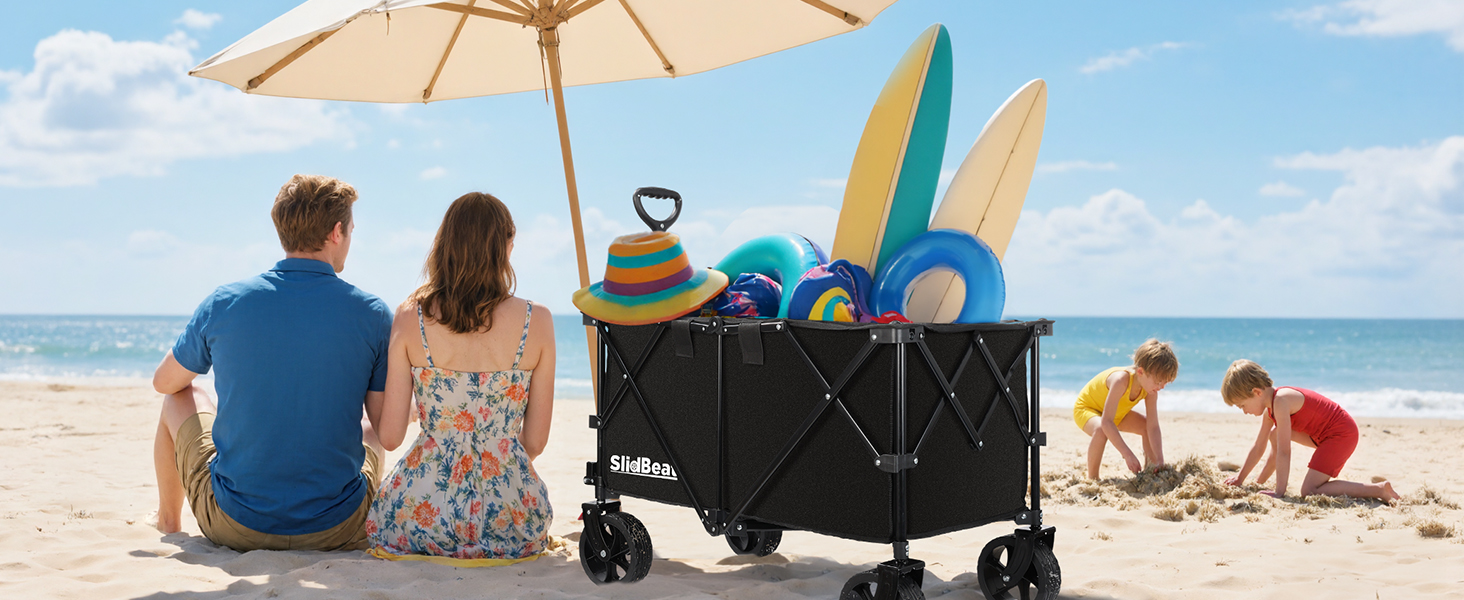 Візок-садок SLIDBEAT XXL 220L 200кг, складний, з гальмами, тримачем для напоїв, регульованою ручкою, колесами для бездоріжжя - для кемпінгу, саду, покупок, чорний