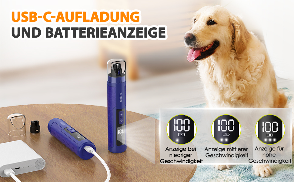 Шліфувальник кігтів для собак Profi Krallenschleifer 3-Gang з LED-підсвіткою та індикатором потужності. Тихий, перезаряджуваний, для собак великих, середніх та малих порід. Колір: темно-зелений (блакитний)