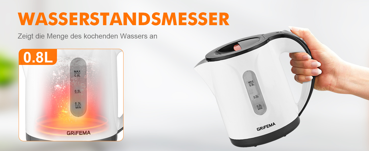 Електричний чайник GRIFEMA 0.8L, 1100W з фільтром від накипу, без BPA, автоматичне вимкнення, захист від перегріву, білий пластик