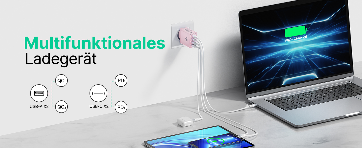 Мережевий адаптер USB-C з 4 портами, 40W, з інтелектуальною зарядкою QC, для iPhone, Samsung та інших телефонів