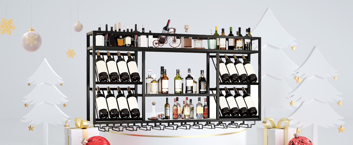 Настінна вітрина для вина з тримачем для келихів, 3-ярусна, металева вітрина в стилі рустік для напоїв, для домашнього бару, зберігання вина на кухні (Чорний, 100см)