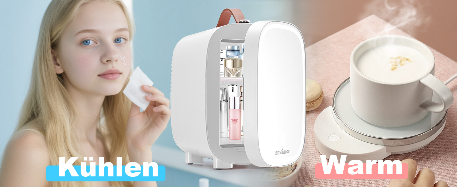 Mini-холодильник Enventor на 6 банок: косметичний холодильник з регульованим LED-дзеркалом, AC+12V DC, охолоджувач та нагрівач для спальні, дому, авто/догляду за шкірою та харчовими продуктами (білий, 4L)