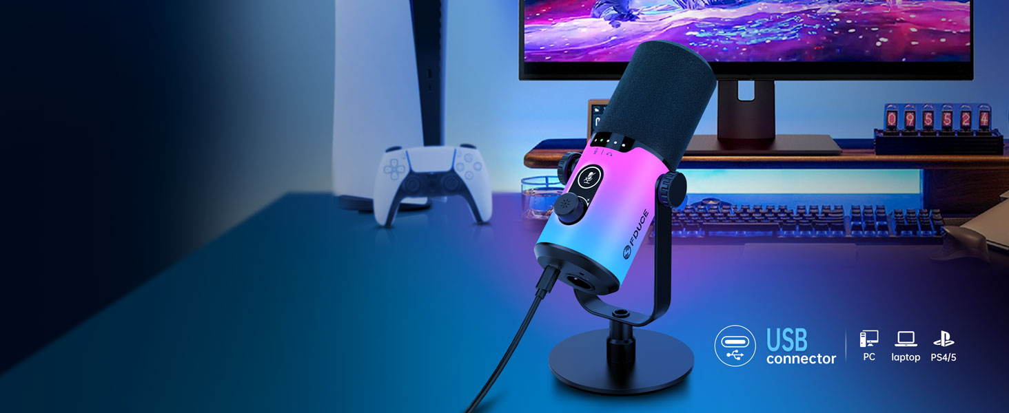Ігровий мікрофон FDUCE з USB/XLR підключенням, RGB-підсвічуванням та регулятором посилення для стрімінгу, запису подкастів та співу