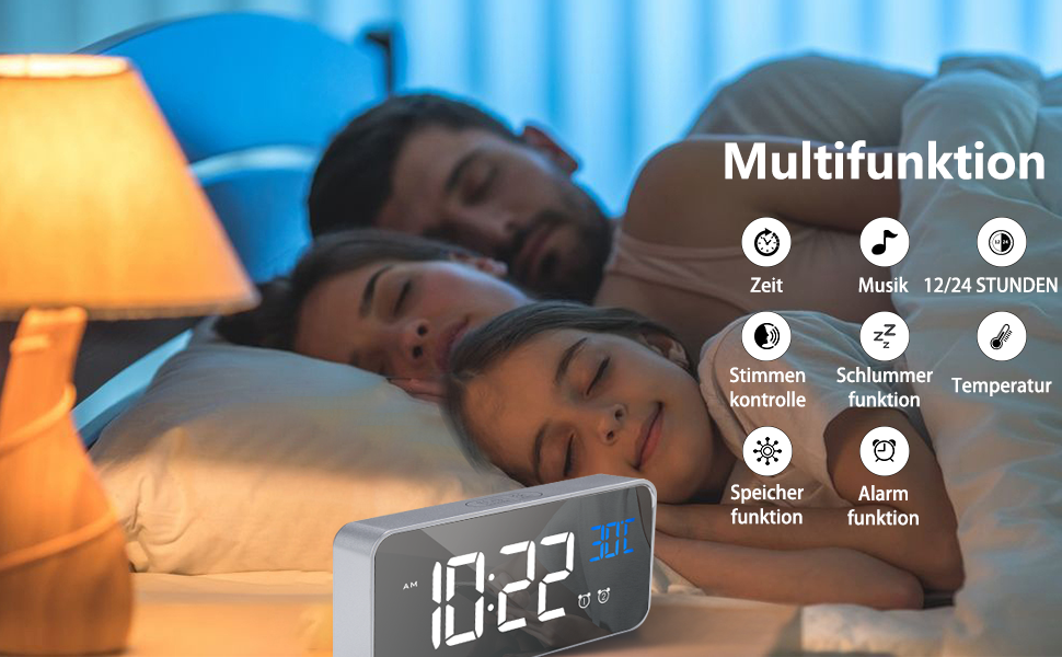 Будильник HOMVILLA Digital з великим LED-дисплеєм температури, подвійний будильник, повтор, регулювання яскравості та 10 мелодій для спальні (срібний)