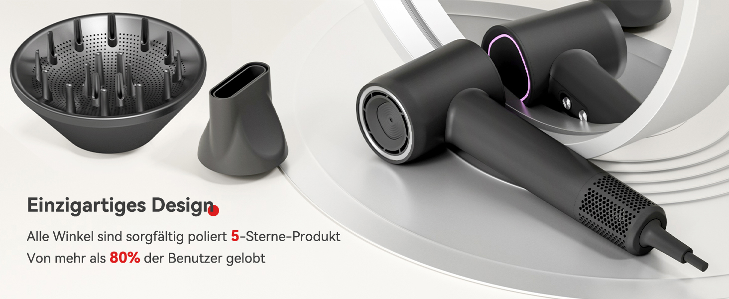 Фен з дифузором, потужний фен з мотором 160 000 об/хв, іонізатор, 500 млн негативних іонів, для подорожей та дому (сірий), сірий дифузор