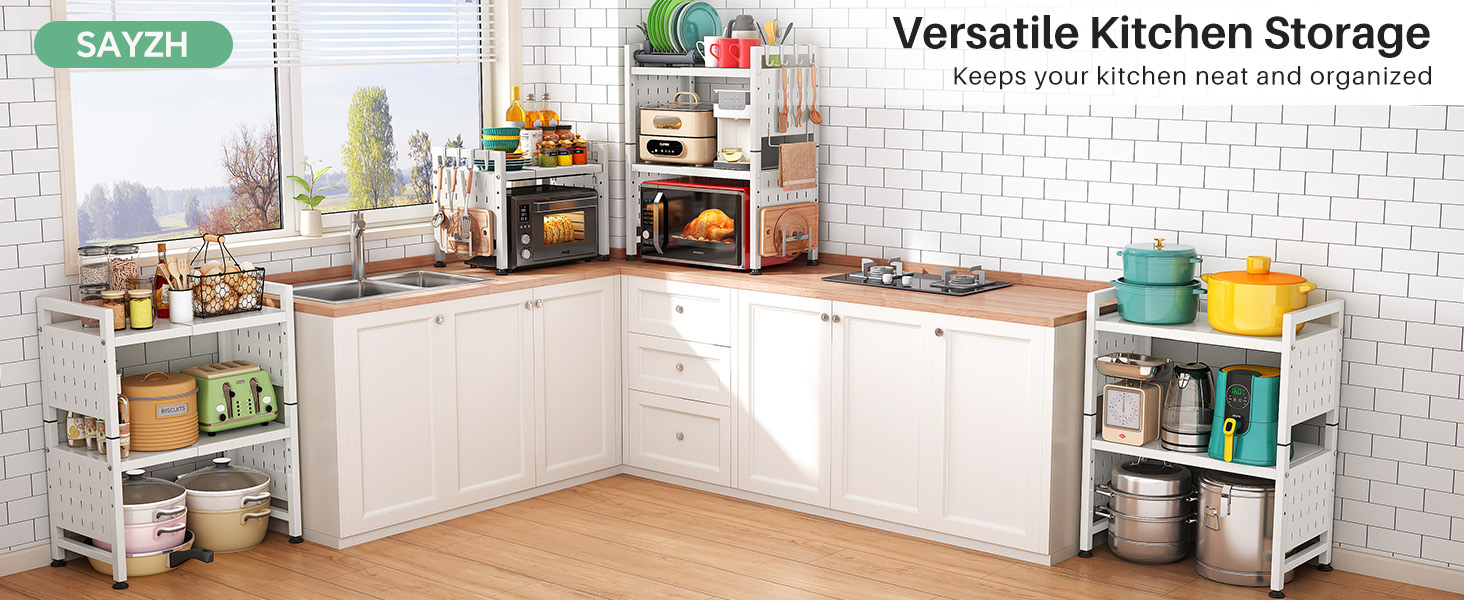 Поличка для мікрохвильової печі SAYZH, 2-рівнева розширювана, з 10 гачками, для кухні, чорна (біла)