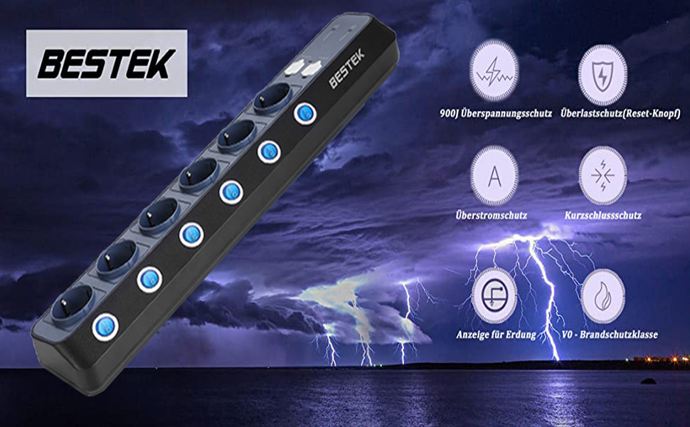 BESTEK Розподільник розеток з 6 розетками, 4 USB, захистом від перенапруги 900 Дж, з вимикачем, синьо-білий, 1.8м кабель