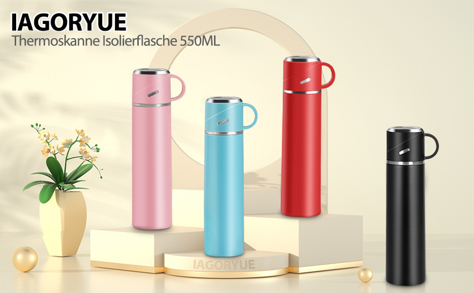 Термос IAGORYUE з нержавіючої сталі, 0,55л, з ізоляцією, витокозахисним кришкою та ручкою, двостінний, зберігає тепло/холод до 12 годин, для спорту, офісу, відпочинку на природі, чорний