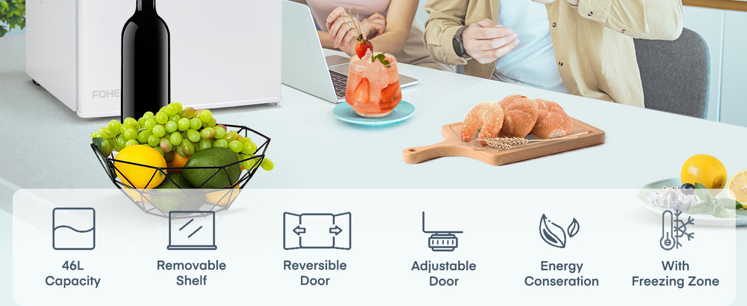 Міні холодильник FOHERE 46L з відділенням для льоду | Компактний холодильник з регулюванням температури, енергозберігаючий, тихий | Ідеальний для офісу, кемпінгу та геймінгу | Змінний бік відкривання дверцят | Білий
