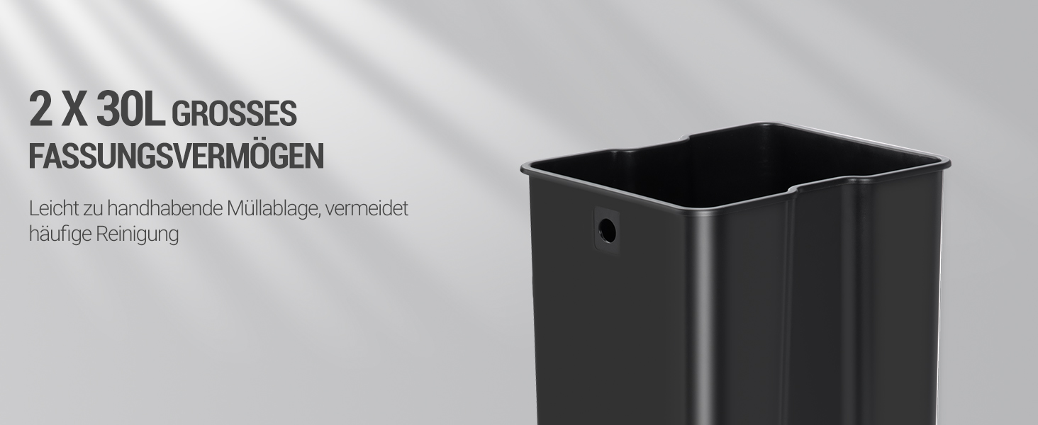 Відро для сміття з сортуванням 2 відділення 60 л (2 x 30 л), нержавіюча сталь, з педаллю, тихий закриття, з 15 пакетами, срібний SW06099E