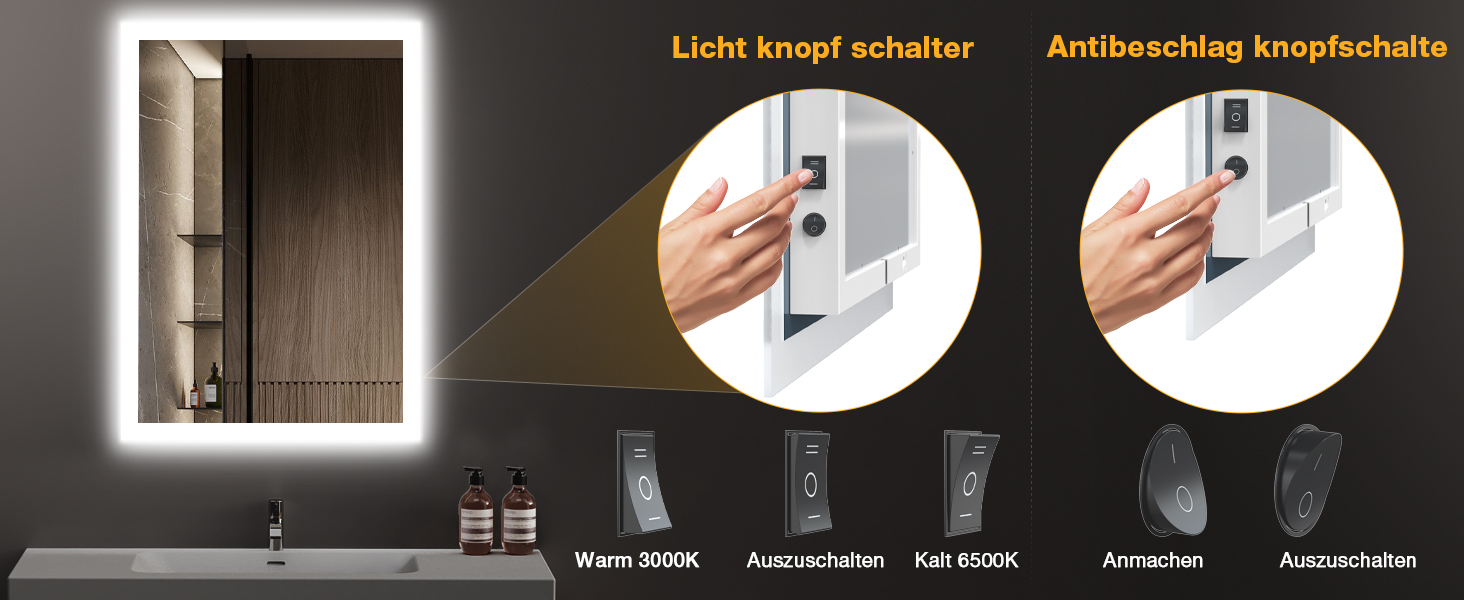 Дзеркало для ванної кімнати з підсвічуванням 50x70 см, LED, антизапар, 2 кольори світла (3000K/6500K), прямокутне, без рами