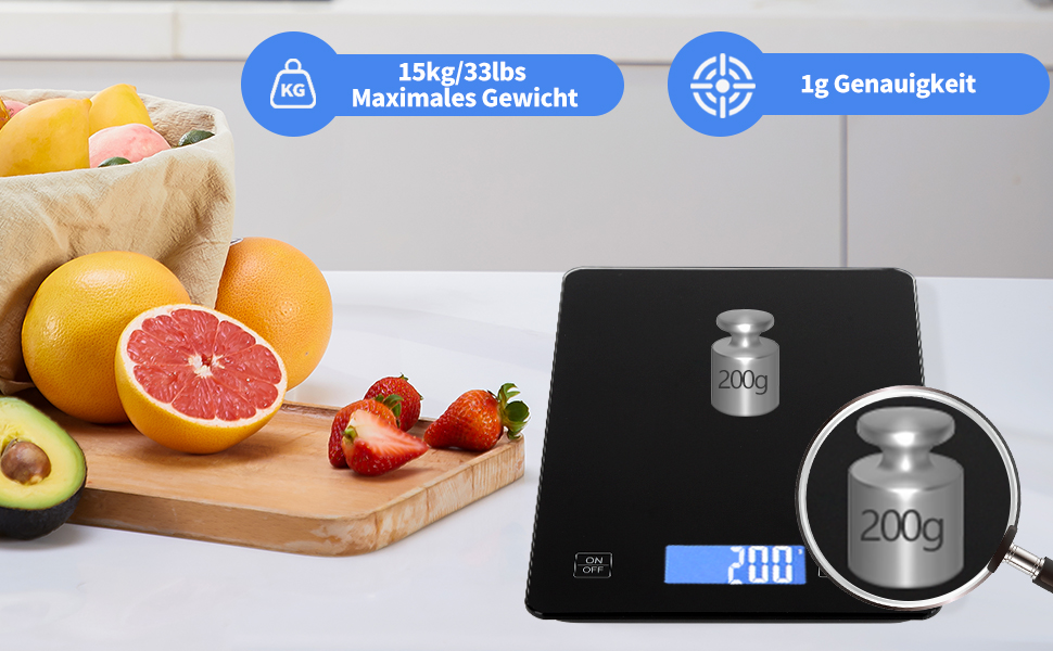 Кухонні ваги HOWEIFULL Digital 15 кг з USB зарядкою, нержавіюча сталь, точність 1 г, для продуктів (Чорний)