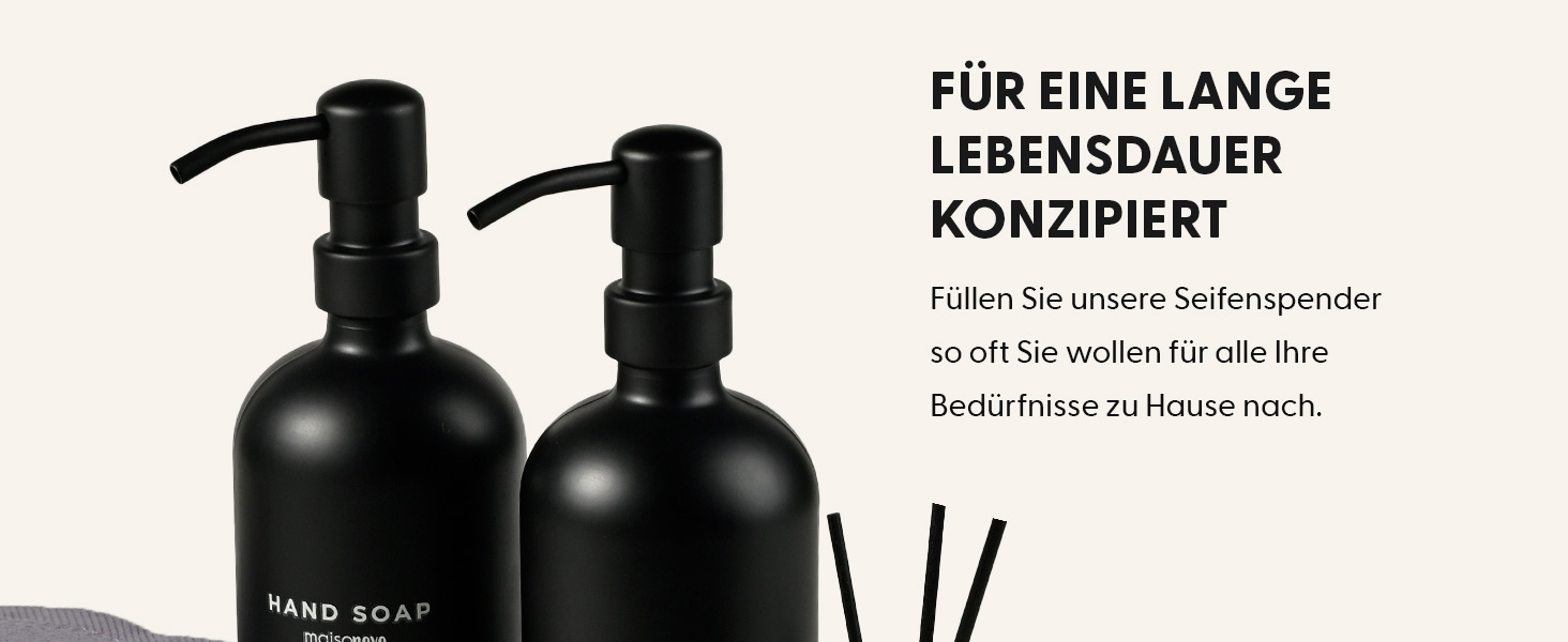 MaisoNovo Soap Dispenser Set - Soap Dispenser Kitchen - 500 ml Amber Bottles, Black Pumps, Glass Pump Dispenser, Soap Dispenser Set, 2-Piece Set and Concrete Tray - Dish Soap Dispenser Kitchen (Black Glass / Black Pump + Slate Tray)