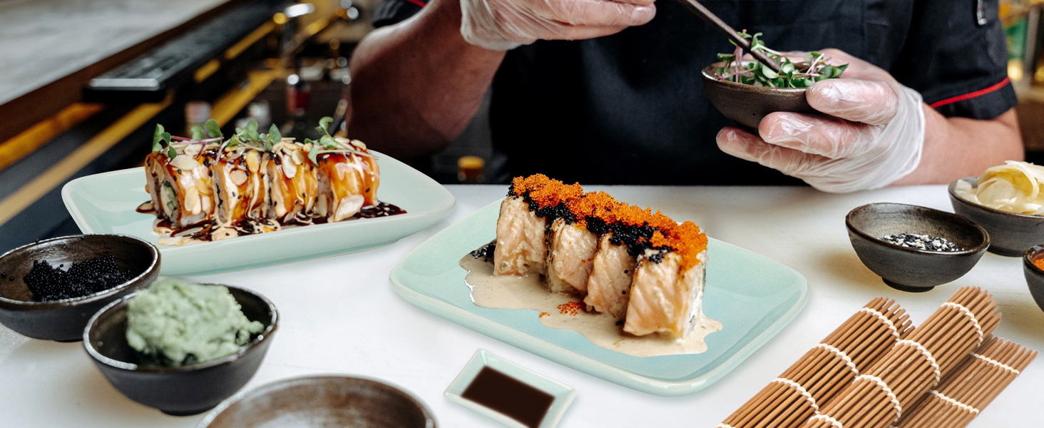 Набір для суші Exzact (10 шт.) – 2 тарілки, 2 миски для соусу, 2 підставки під столові прилади, 2 пари паличок для їжі – високоякісний фарфор, у подарунковій коробці – блакитний колір