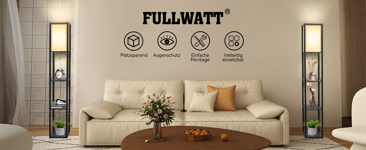 Підлогова лампа Fullwatt з полицями та внутрішнім освітленням, чорна