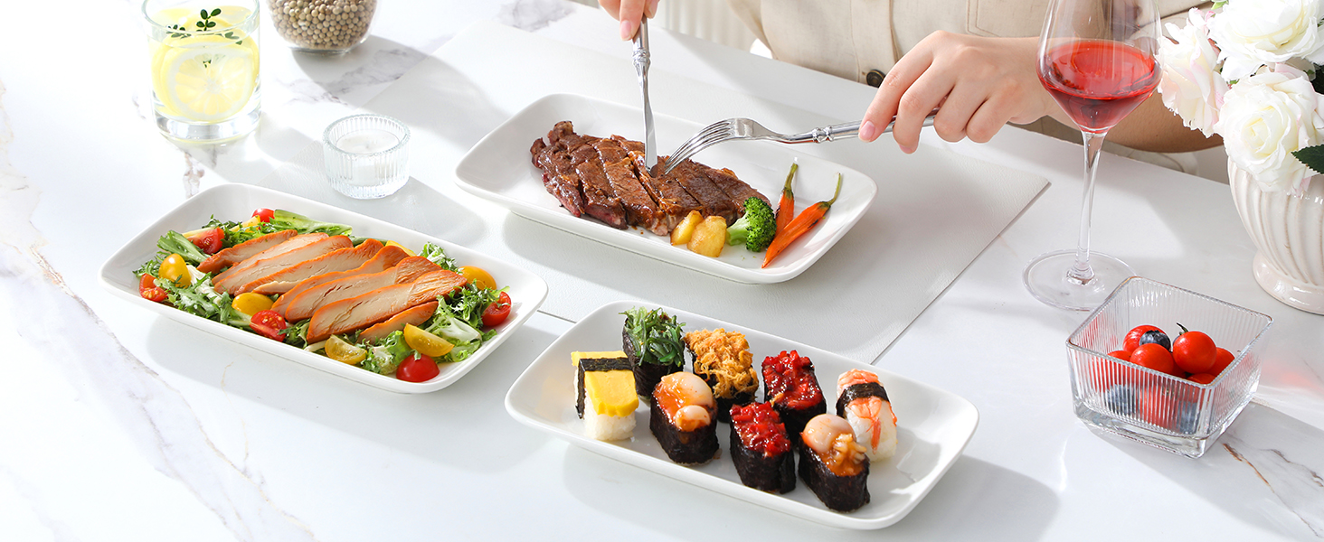 Сервірна таця MALACASA з порцеляни, 6-ти частинний набір, прямокутна, 25 x 14 см, біла. Ідеально для буфетів, суші, тортів та закусок вдома та в ресторані.