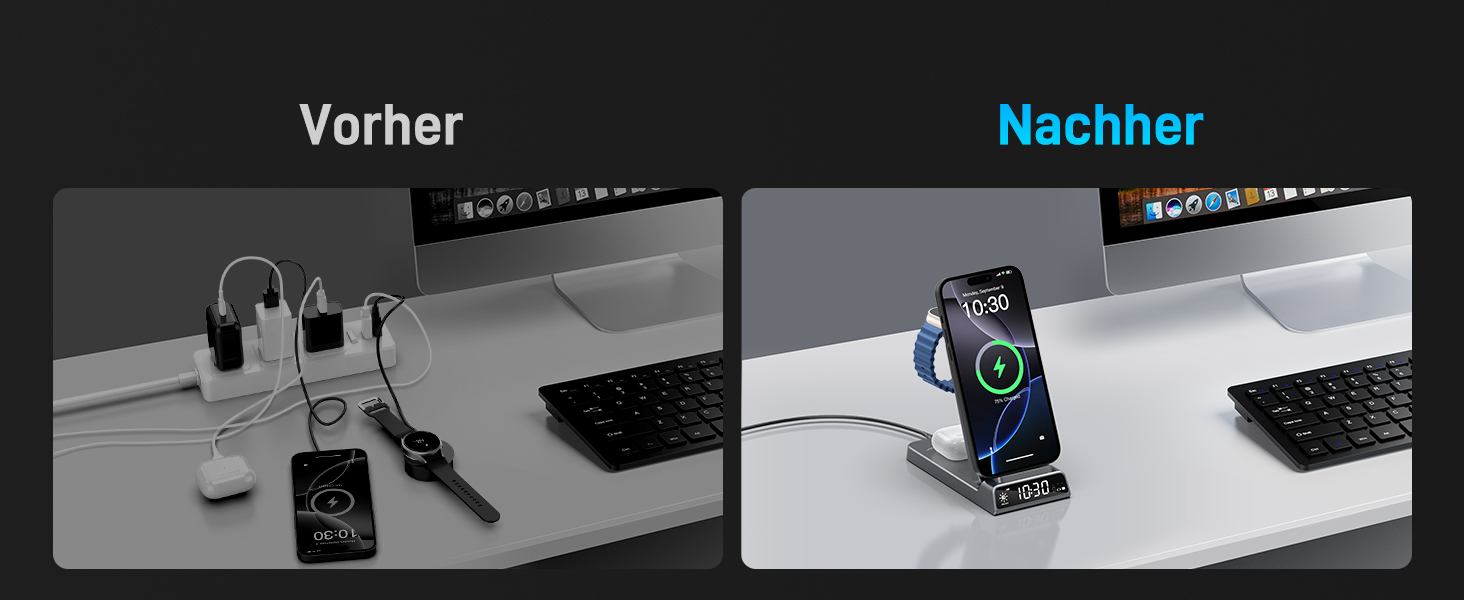 Зарядна станція 3-в-1 бездротова для iPhone, Apple Watch, AirPods, з годинником, для подорожей