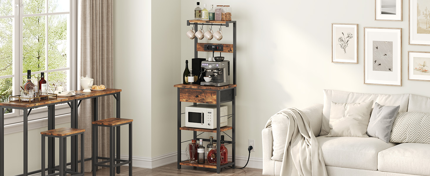 Стелаж кухонний з розетками, стелаж для пекаря, підлоговий стелаж, 34 x 48 x 139 см, стелаж для випічки з шухлядами, стелаж для мікрохвильової печі, 4 S-гачки, для кухні, вітальні, їдальні, коричневий та чорний ABRHR48UE01