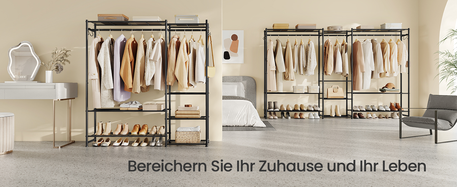 SONGMICS Стійка для одягу, відкритий шафа, вішалка для одягу з 10 полицями, 3 перекладинами, 4 гачками, металевий каркас, для спальні, вітальні, передпокою, чорний LGR011BZ01 206,4B см