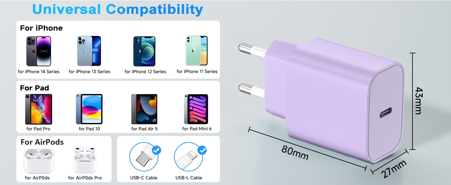 Зарядний пристрій 20W USB-C з кабелем Lightning для iPhone 14/13/12/11/X/SE (2 шт., фіолетовий+синій)