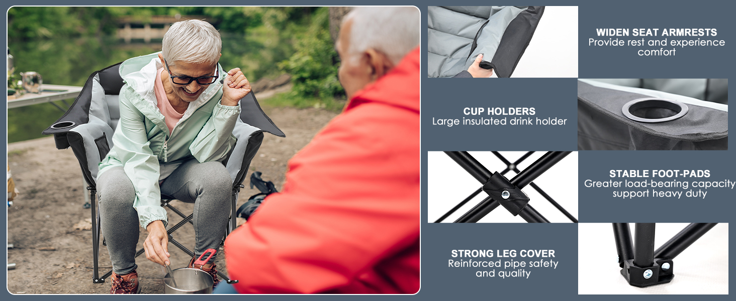 Кемпінговий стілець складний (200 кг) з подушкою 6 см - великий, для риболовлі, кемпінгу, саду та фестивалів - міцний, з бічними кишенями та сумкою для перенесення, чорно-сірий
