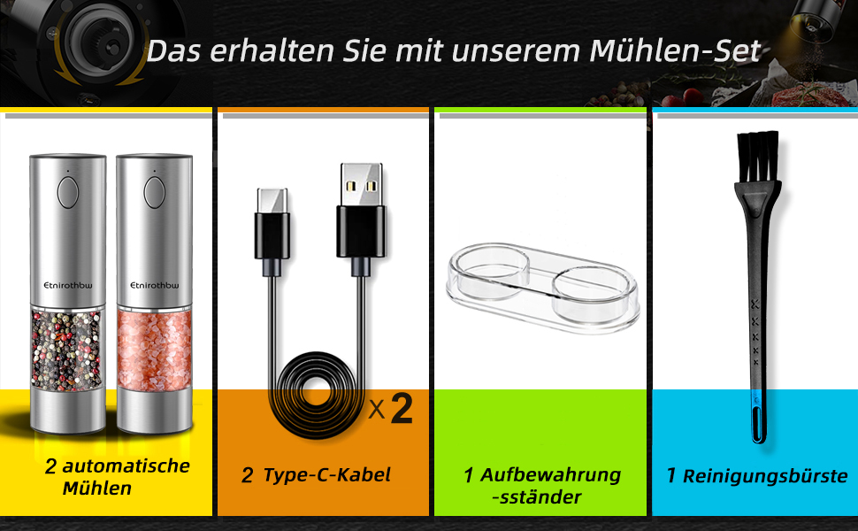 Електричний набір для солі та перцю з нержавіючої сталі, 2 шт., автоматичний, перезаряджається, 5 ступенів помелу, 95 мл, LED-підсвічування, Type-C, база для зберігання