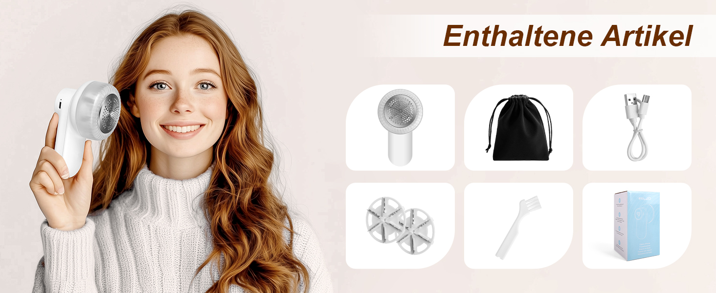 Електричний видалення ворсу ELZO - портативний, бездротовий, з LED-дисплеєм, 3 швидкості, 2 змінні насадки, для одягу, ковдр, білий