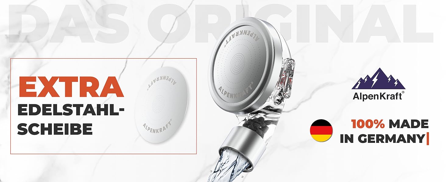 ALPENKRAFT Zugspitze Showerhead Original Made in Germany - Water-saving and pressure-enhancing showerhead - High-pressure showerhead with activated carbon and zeolite filter beads