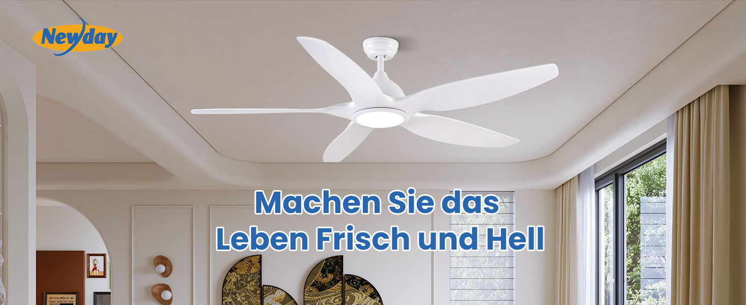 Стеляний вентилятор Newday 153 см, білий з підсвіткою та пультом керування. Безшумний вентилятор-лампа з 5 лопатями, DC мотор, реверсивний, з функцією пам'яті та плавним регулюванням яскравості світла.