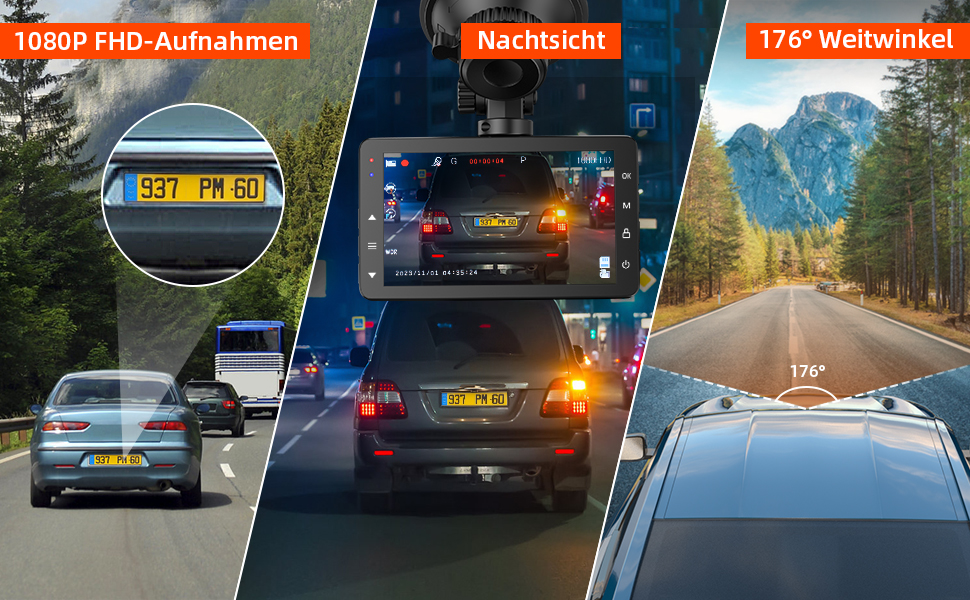 Відеореєстратор у машину Dashcam Auto з 32GB SD-картою, 1080P FHD, Нічне бачення, Широкий кут 176°, IPS-дисплей 3 дюйми, G-сенсор, Loop-запис, Виявлення руху та Паркувальний режим