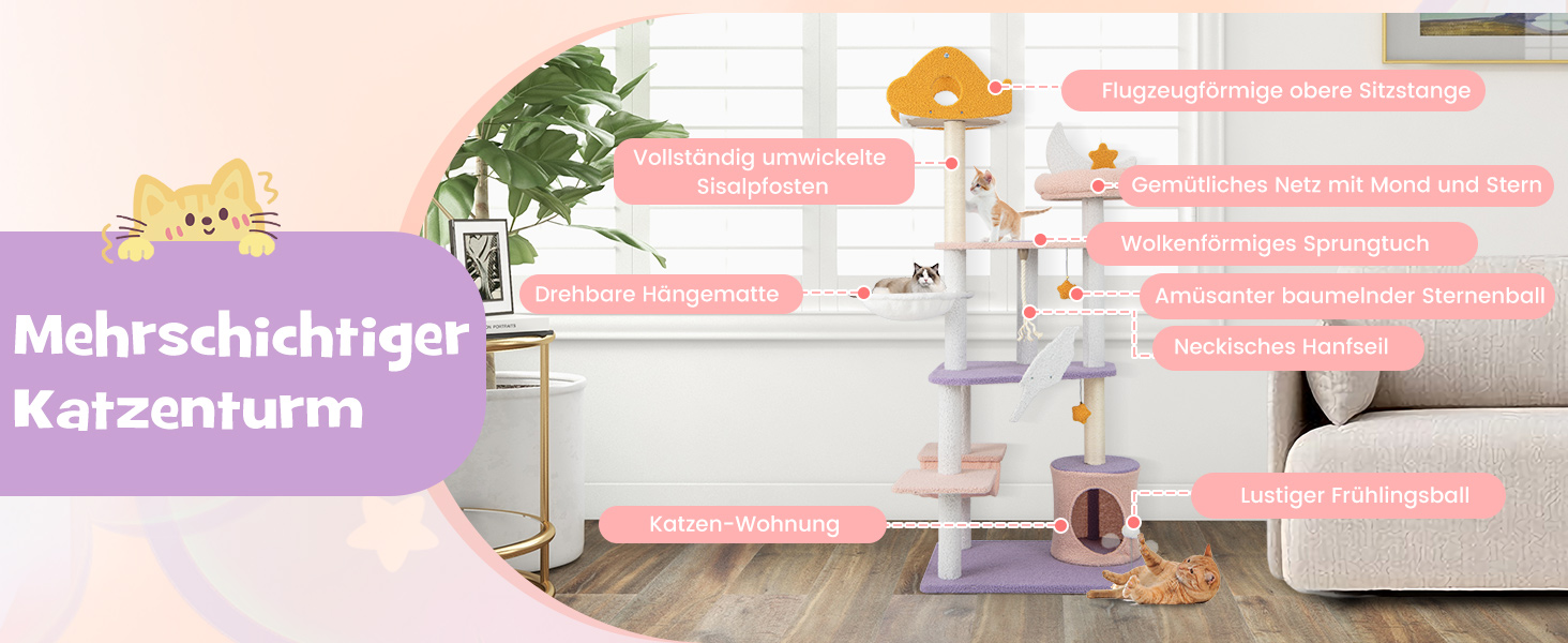 Дерев'яний кігтеточка для котів Costway з будиночком, гамаком та мотузкою, активний комплекс для котів, фіолетово-рожевий (48x68x167см)