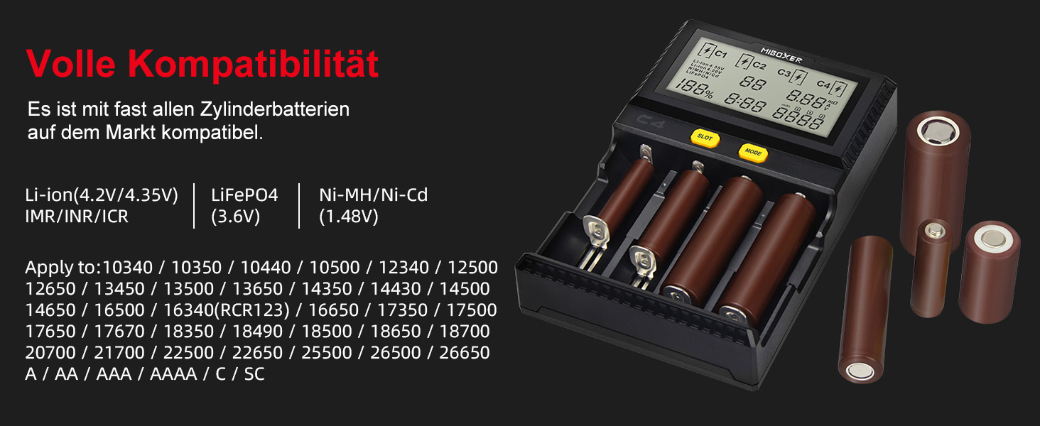 Зарядний пристрій для акумуляторів 18650 з 4 слотами, LCD-дисплеєм, для Li-Ion, LiFePO4, NI-MH, NI-Cd, AA, AAA, C, 18350, 18500, 18700, 20700, 21700, 26650, RCR123