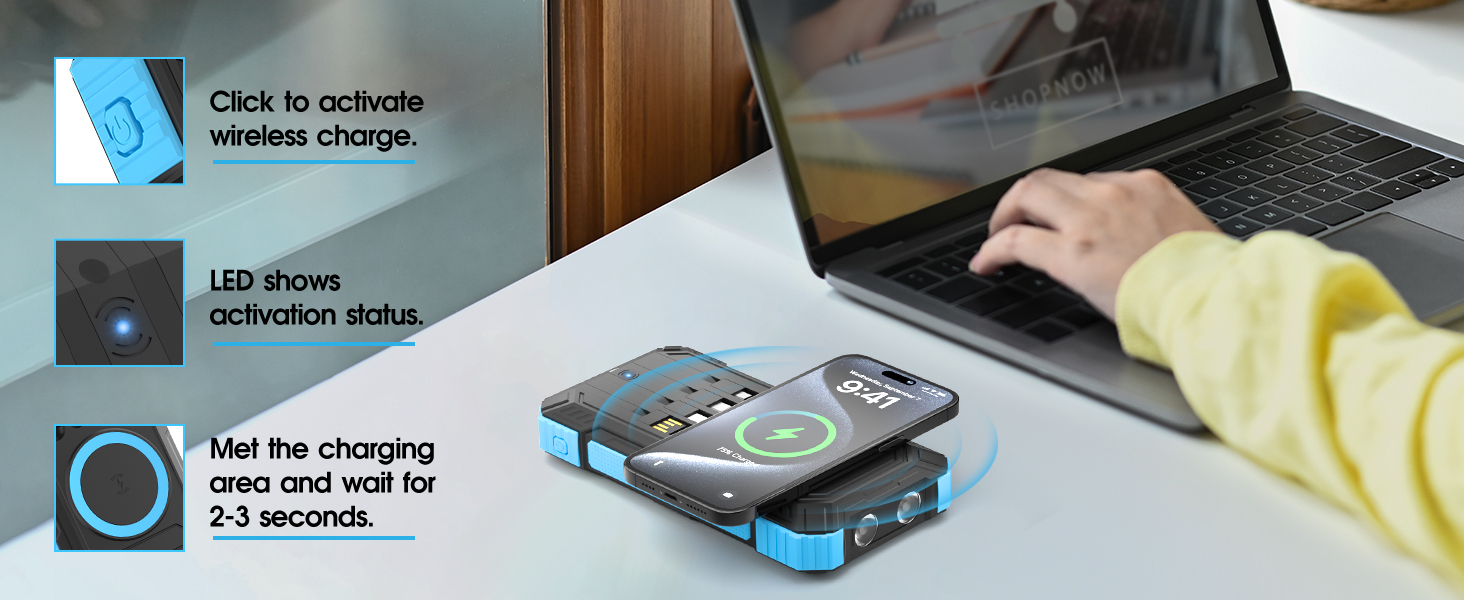 Портативний зарядний пристрій Solar Powerbank 56800mAh з бездротовою зарядкою, 30W PD, 6 виходів, ліхтарик, для кемпінгу та подорожей (Синій)